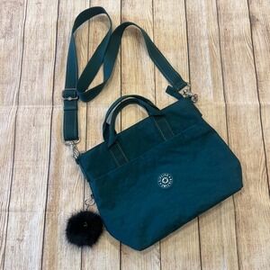 Kipling Teal Green Zamora Nylon Crossbody Tote Bag with Faux Fur Pom-Pom